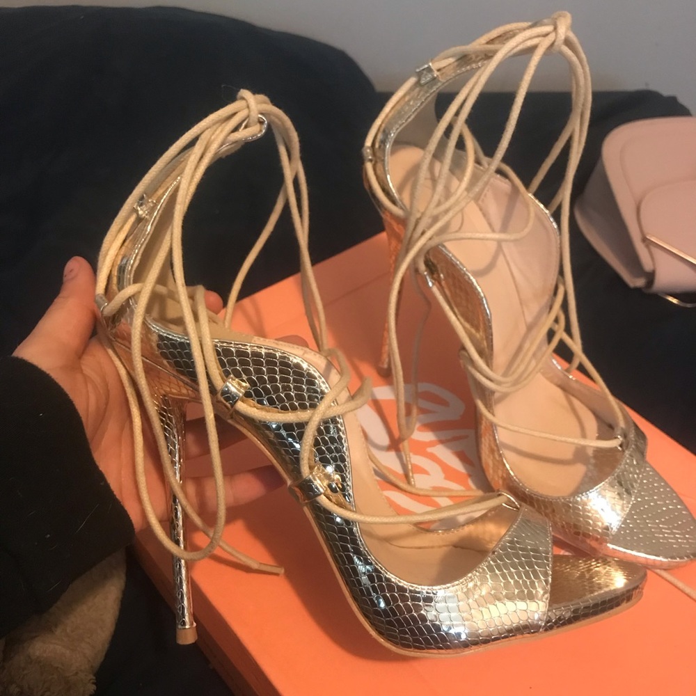Silver lace-up peep toe stilettos!